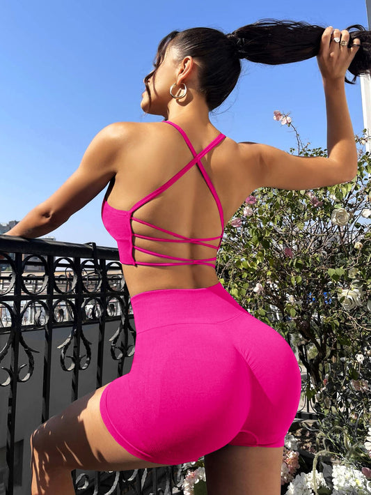 Sport Studio Criss Cross Backless Wide Waistband Sports Set Hot Pink Dresshot Pink Dress Girls Open Back Dress Tight Dresses for Girls Workout Women Set Women Workout Set Hot Pink